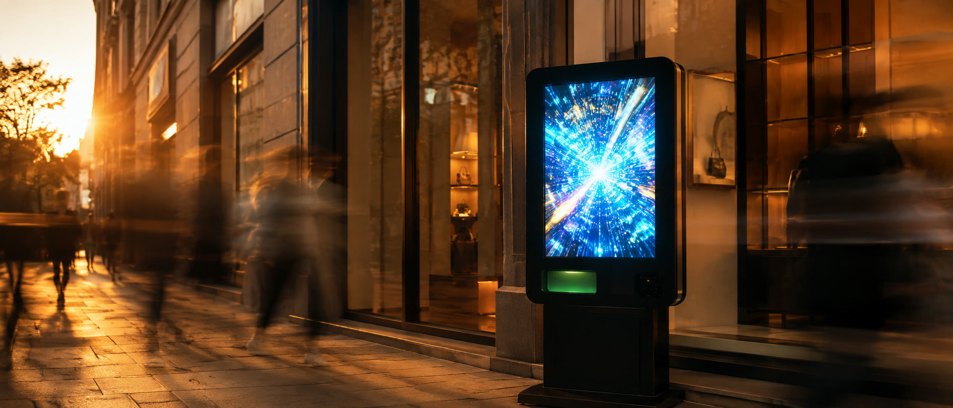 An SP Vending machine glowing on a golden-hour shopping street